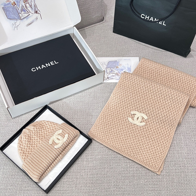 샤넬 CC 로고 와플 캐시미어 비니 & 머플러